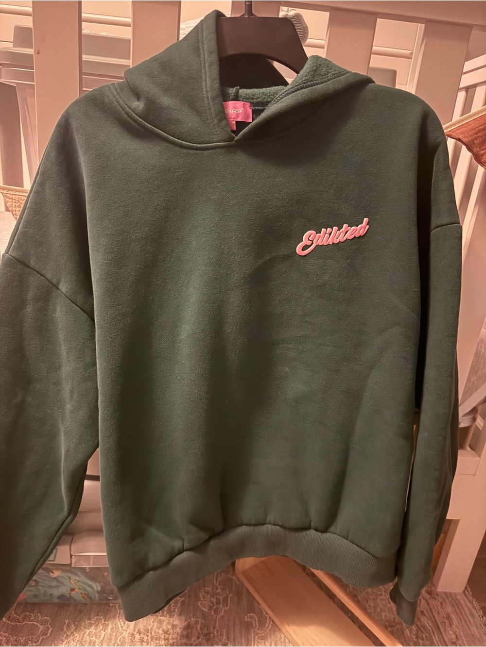 Edikted Forest Green Hoodie with Pink Script Logo